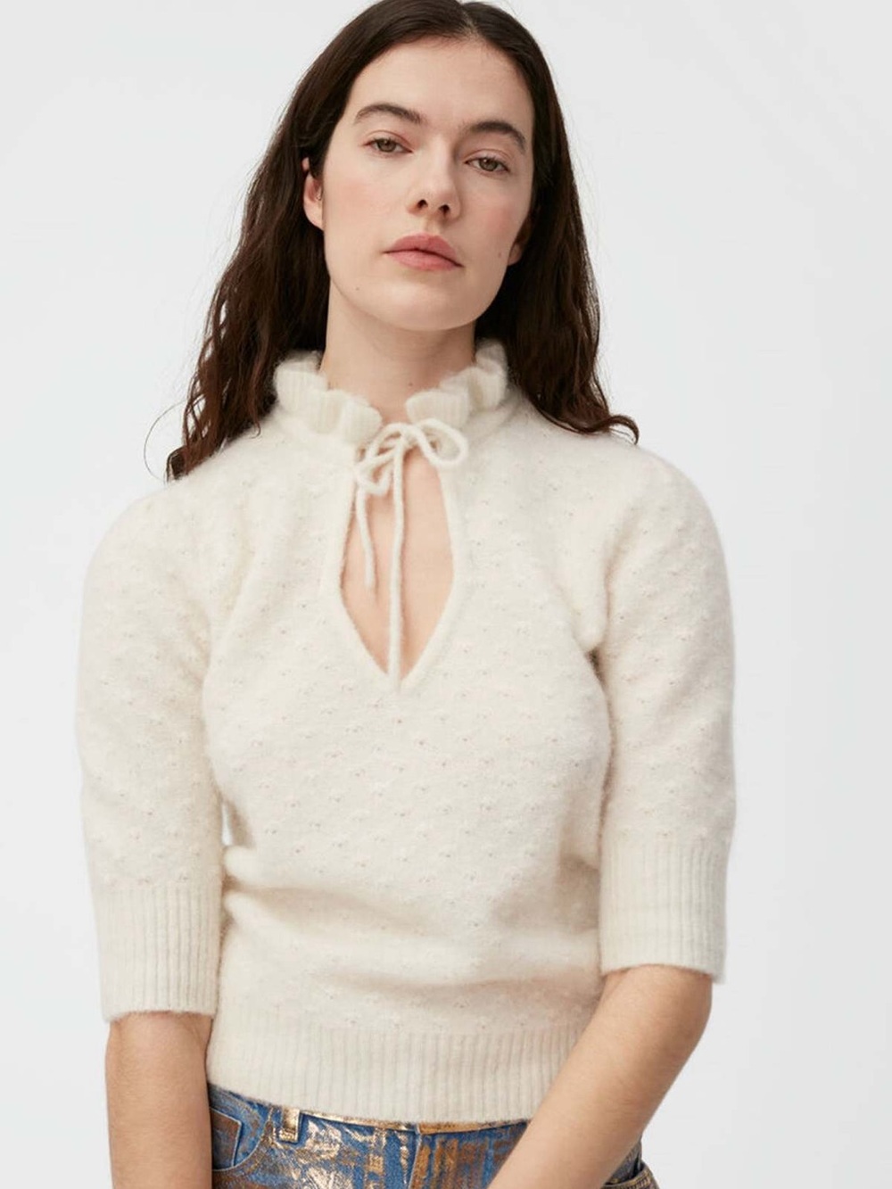 Ganni Cream Textured Ruffle Tie-Neck Sweater
